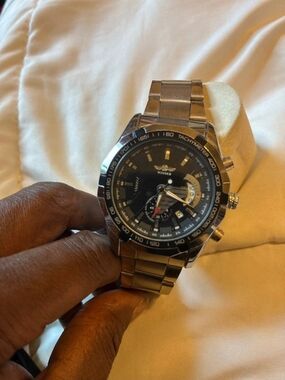 Winner Stainless Steel Tachymeter Chronograph Watch - Black Dial